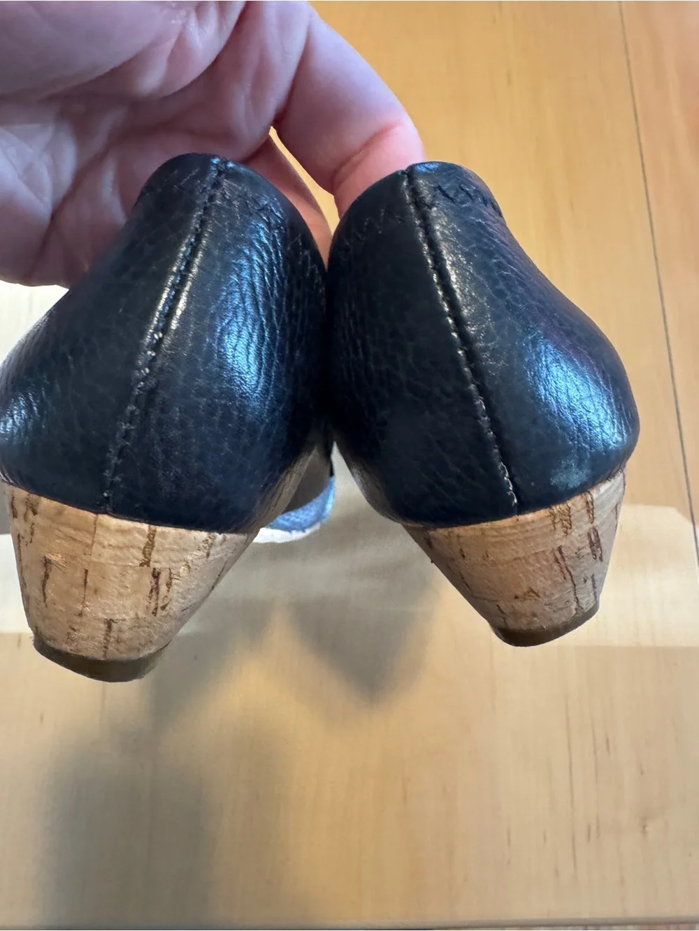 Tory Burch Black Leather Peep-Toe Heels with Gold Logo Accent